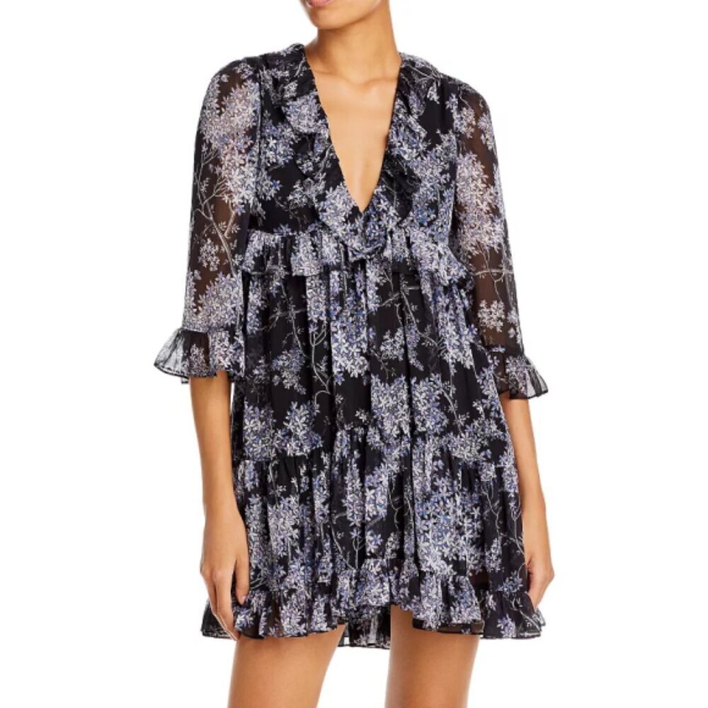 CINQ À SEPT 'Emori' Floral-Print Ruffle-Trim Mini-Dress, Black Multi